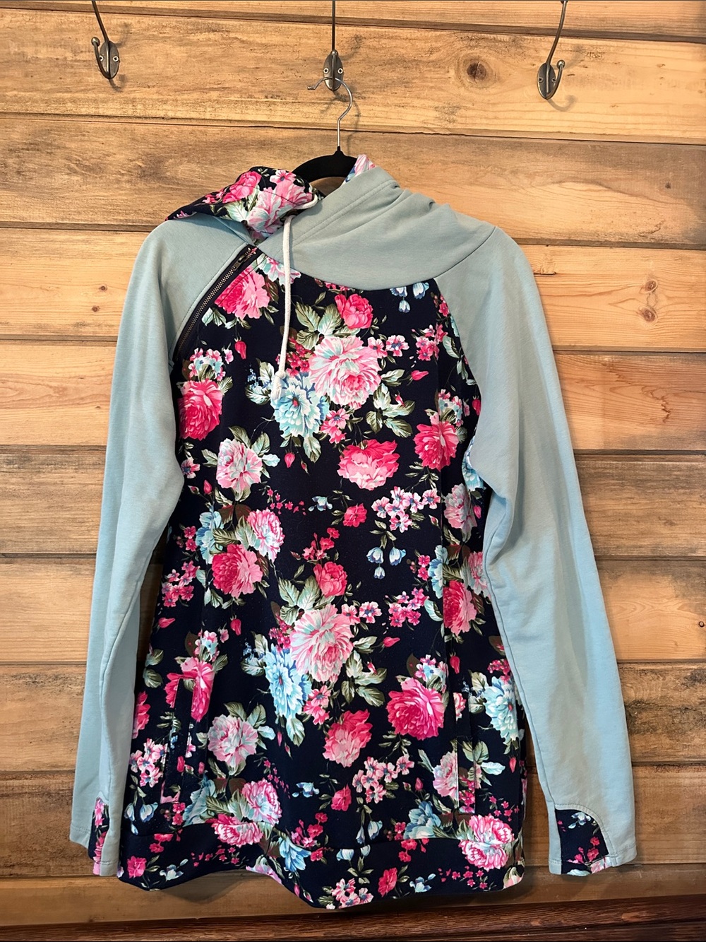 Vanilla Bay Navy Floral Long-Sleeve Hoodie Dress with Light Blue Sleeves